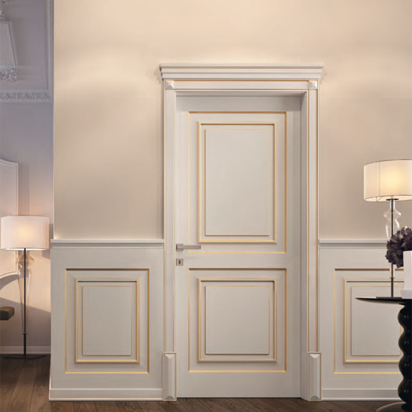 Garofoli - Porta blindata Sovrana con pannello pantografato Garofoli, laccato bianco-oro, con diamanti, basette e cimasa